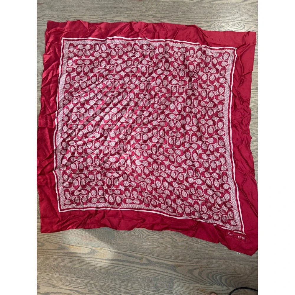 Coach Red White Signature C Logo 100% Silk Square Scarf C2755